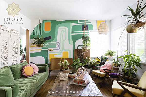 اتاق نشیمن سبز و ترکیب فوق العاده رنگ‌های نارنجی و سبز