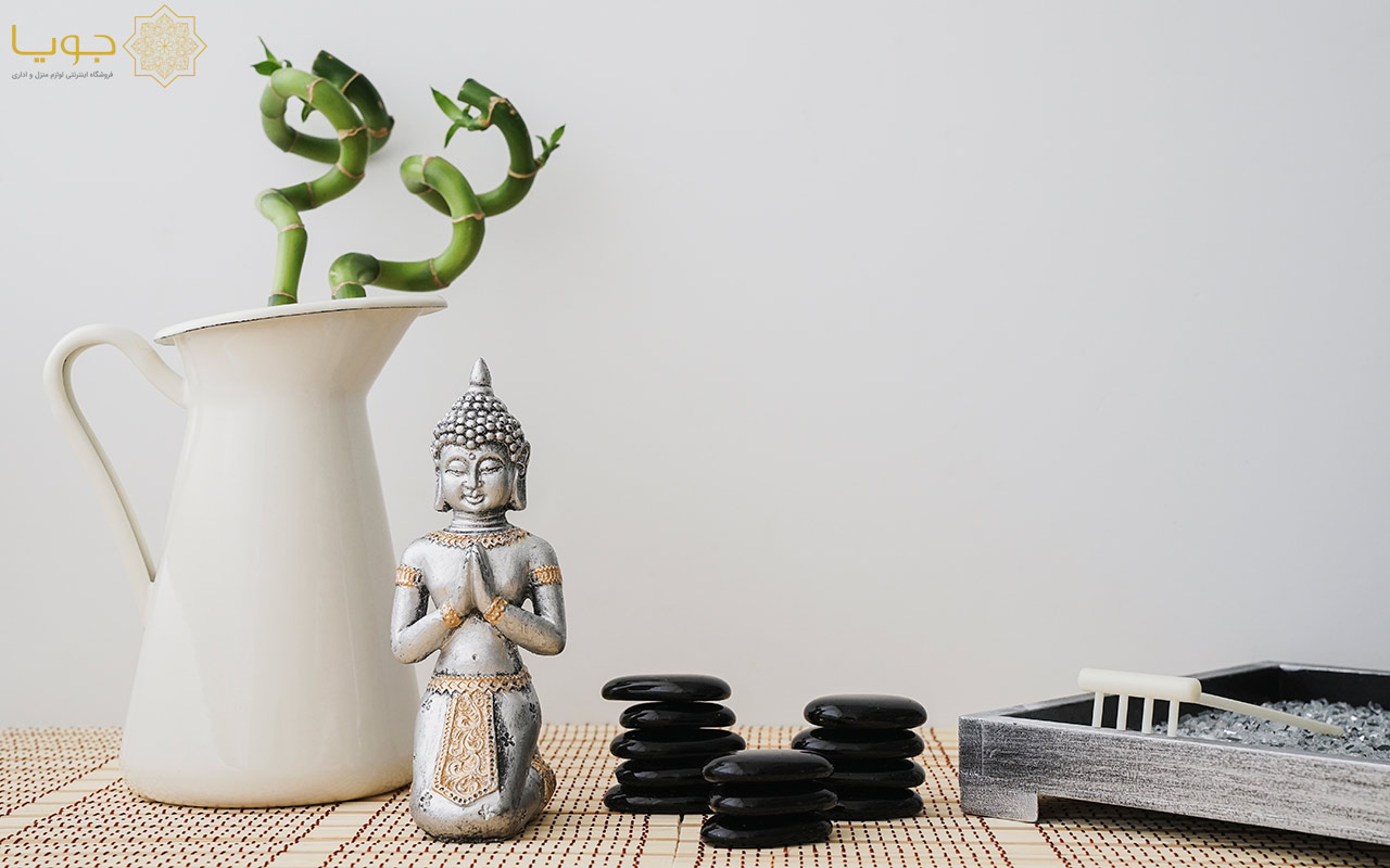 Buddha Figure With فنگ شویی Volcanic Stones Bamboo