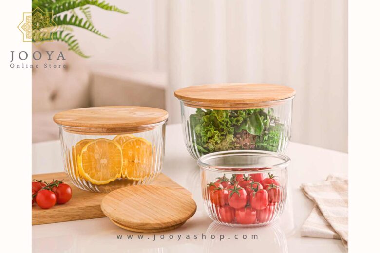 خرید و قیمت ست کاسه شیشه ای در چوبی لیمون